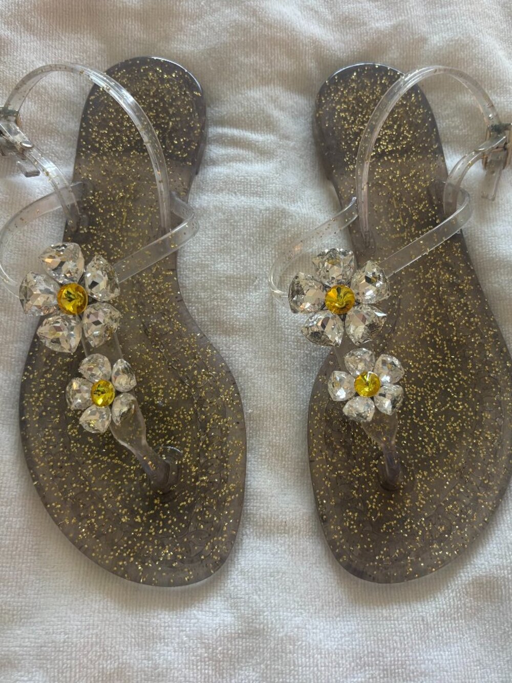 Casadei jelly sandals with crystal or floral embellishments, size 36.